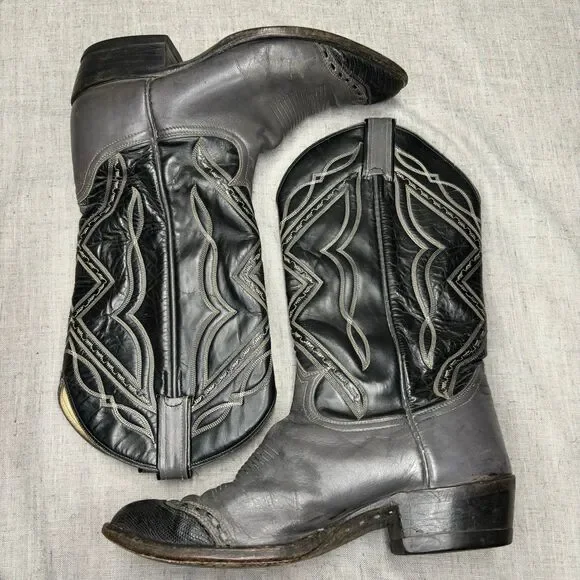 Tony Lama Vintage Cowboy Boots Grey Black Leather Western Top Stitching Size 9 - Picture 10 of 11